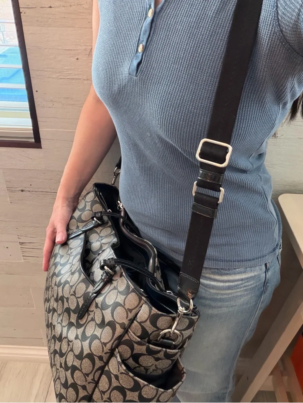 2013 Coach Gray Signature Monogram in Coated Leather 2 Way Diaper Bag